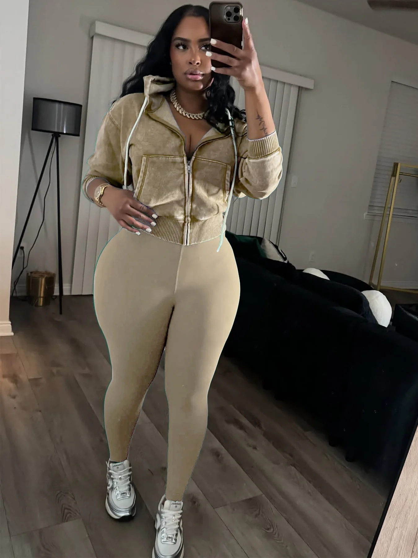 Kliou Casual Sportivo Set da 2 pezzi Donna Tendenza autunnale Giacca con cappuccio con coulisse stile lavato + Pantaloni da yoga solidi Tuta semplice quotidiana