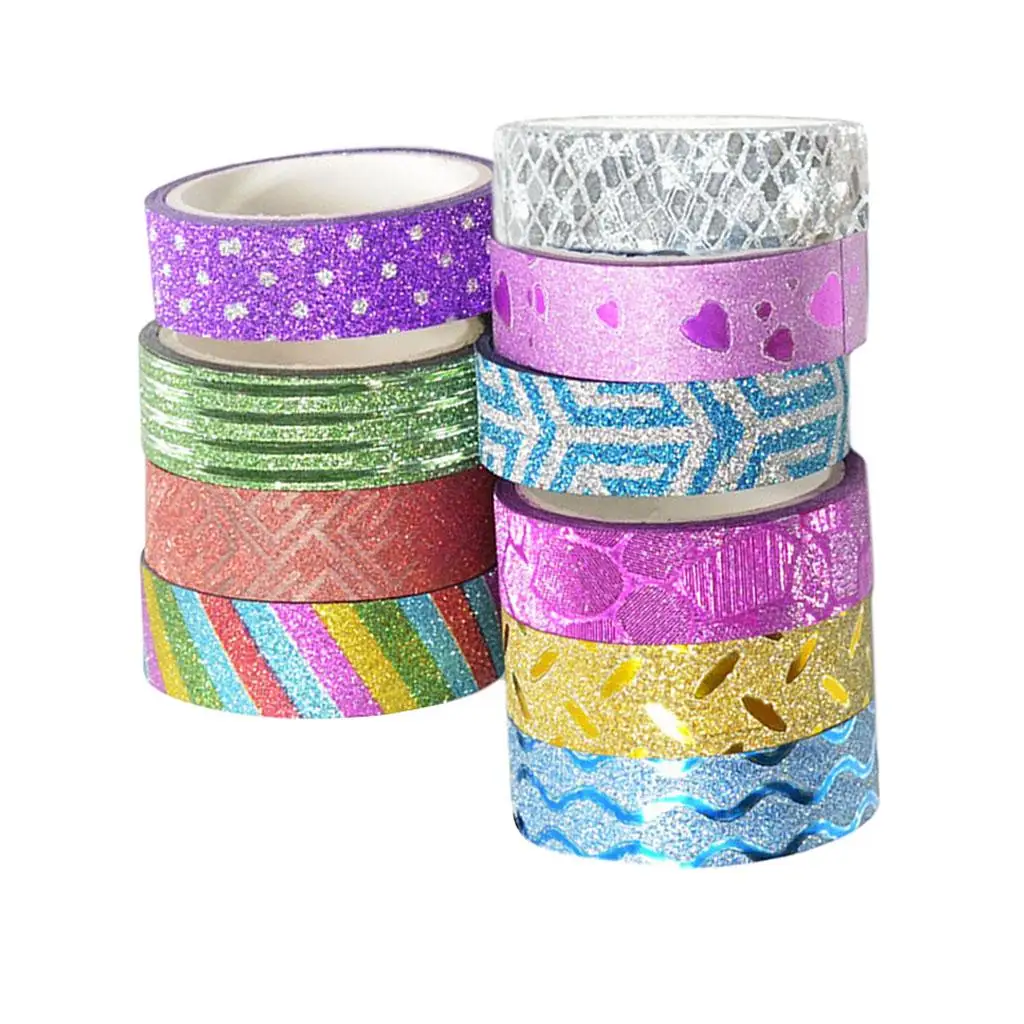 10 rollos de cinta adhesiva Washi con purpurina, para álbum de recortes, 1,5 cm x 3m