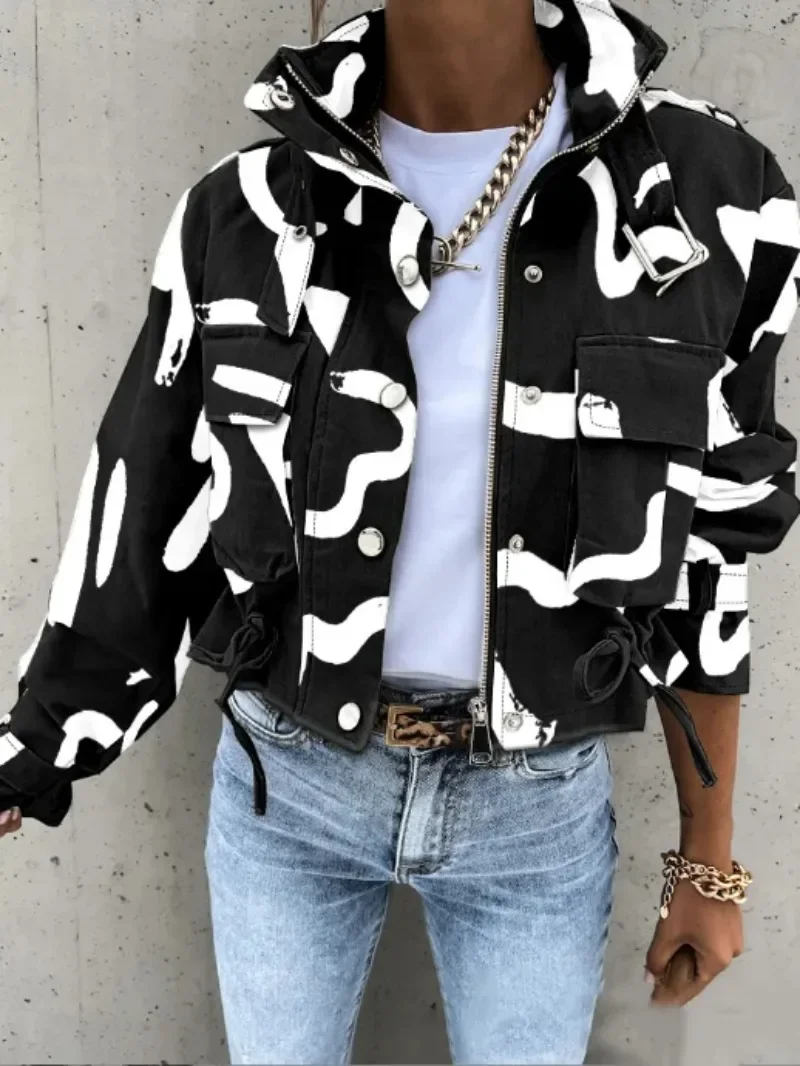 Frauen Neue Casual Langarm Kurze Jacke Damen Herbst Niet High Neck Modische Gedruckt Einreiher Jacke