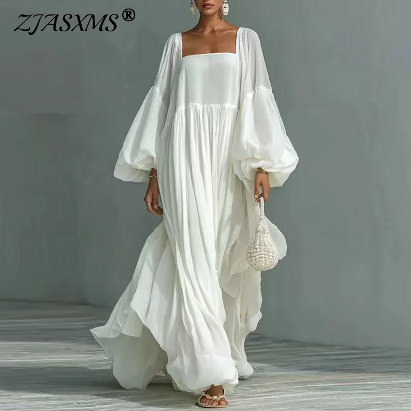 Vestido Maxi Bohemio Blanco Elegante y Fluido para Mujer, Vestido Largo Sexy con Cuello Cuadrado y Cintura Alta, Vestidos de Fiesta Holgados con Mangas Farol para Primavera