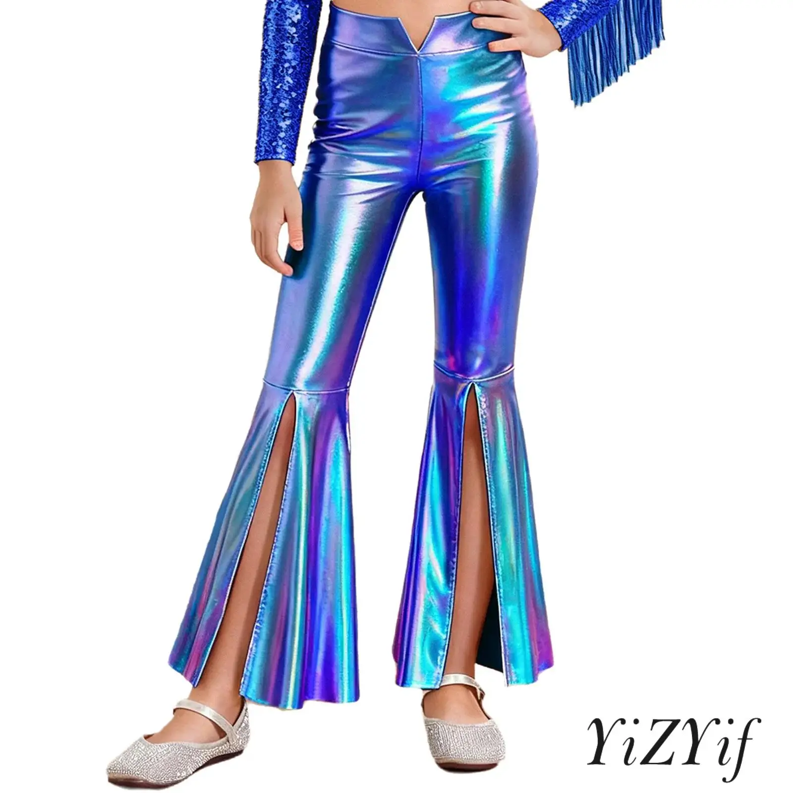 

Kids Girls Pageant Princess Pants Split Bell-Bottom Metallic Long Pants Jazz Street Dance Competition Costume for Music Festival