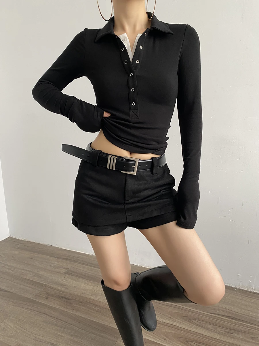 

Женская футболка Slim Fit с длинным рукавом и V-образным вырезом, имитация двухслойности, однотонная, в уличном стиле