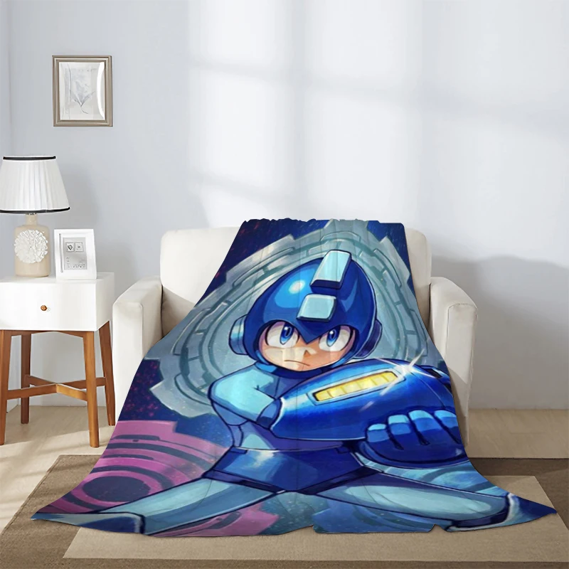 Rockman Megaman Blanket for Sofa Blankets Boy Retro Game Microfiber Bedding Knee Winter Warm Fleece Fluffy Soft Decorative Thick