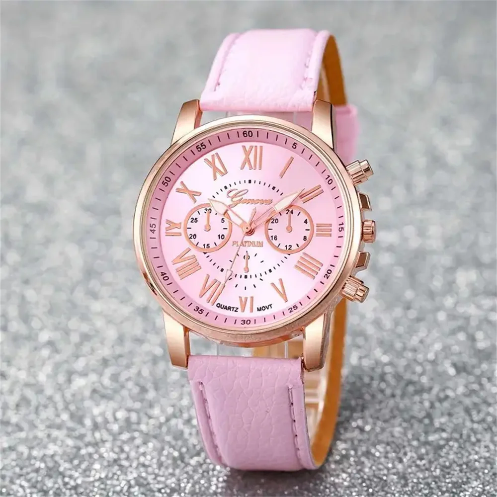 6PCS/Set Fashion Women's Quartz Watch Leather Band Analog Wrist Watches Heart Rhinestone Jewelry Set(Without Box)