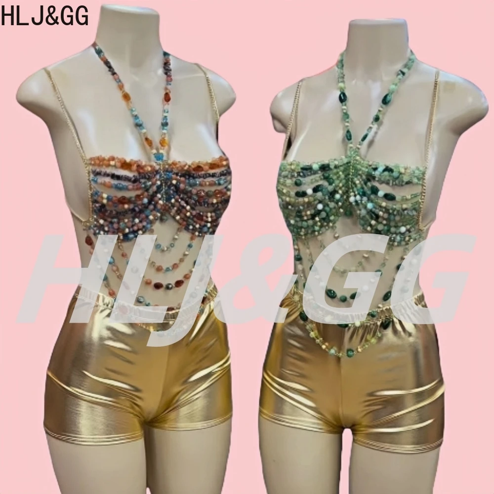 

HLJ&GG Sexy Handmade Body Beaded Chain Hollow Out Two Piece Sets Women Halter Sleeveless Backless Slim Crop Top + Shorts Outfits