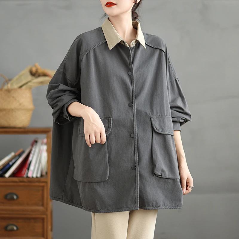 SuperAen Fashion Solid Color Loose Patchwork Lapel Collar Pocket Trench Coat for Women Autumn 2024 New Coat