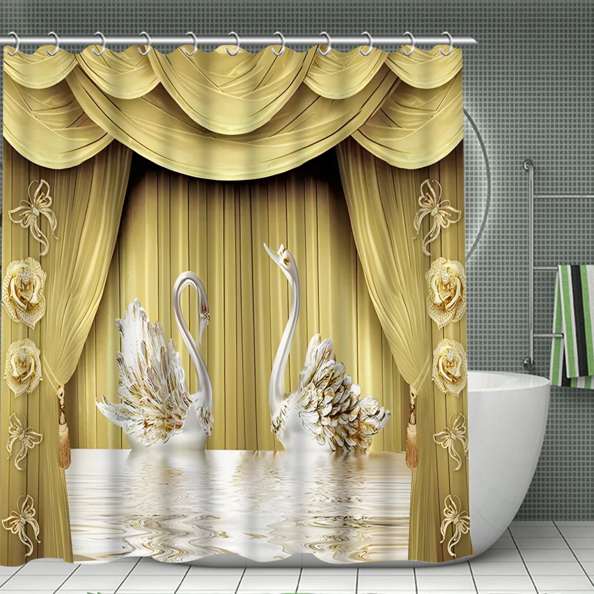 1/4 Piece Shower Curtain Set, Waterproof Bathroom Partition Curtain with Hooks, Anti-Slip Bath Rug, U Shape Mat, Toilet Seat Cov