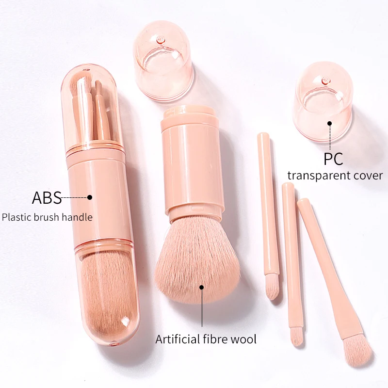 4-in-1 reismake-upborstelset Huidskleur Intrekbaar draagbaar schoonheidshulpmiddel Veganistisch synthetisch haar Hoogwaardig make-upaccessoire