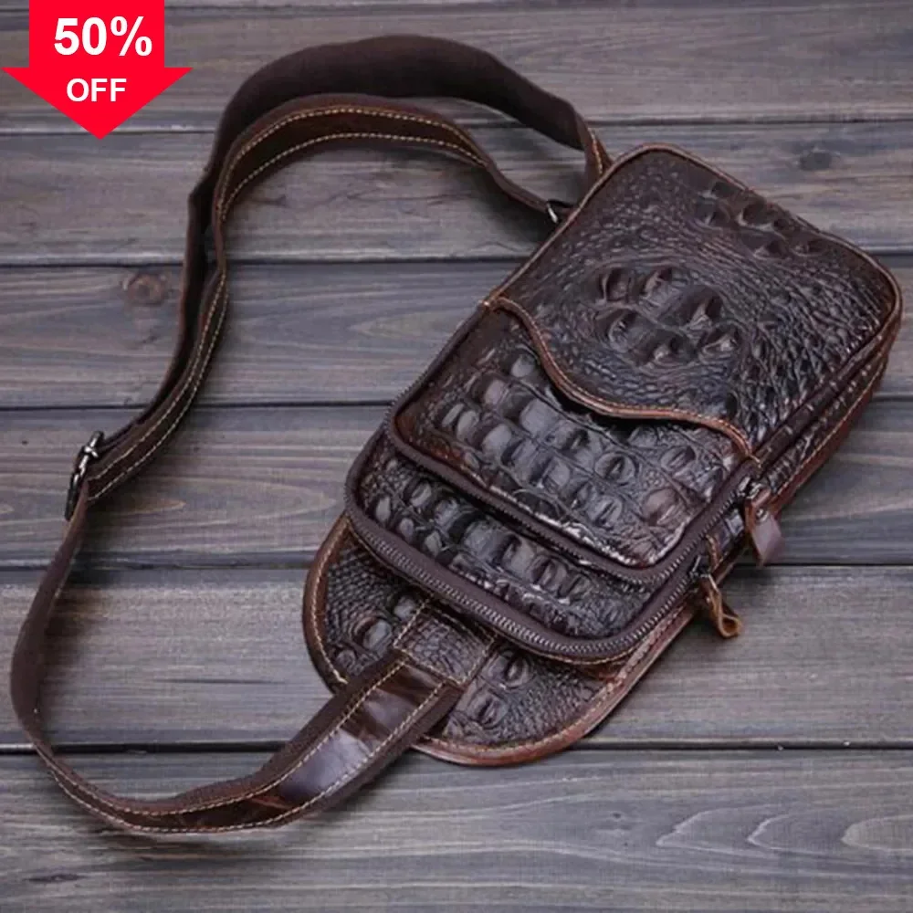 الرجال جلد طبيعي الكتف الصدر حقيبة ظهر السفر التمساح نمط الفاخرة الذكور جلد البقر الحقيقي حقيبة ظهر ذات حمالة عبر الجسم أكياس