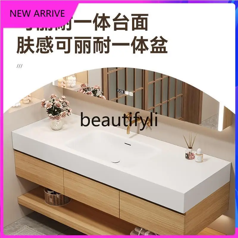 

Line travertine rock slab seamless ceramic basin medieval log wind smart bathroom cabinet washstand D1089