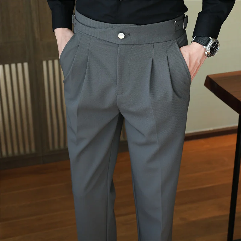 British Style Spring New Solid Business Casual Suit Pants High Waist Button Men Formal Quality Slim Office Trousers