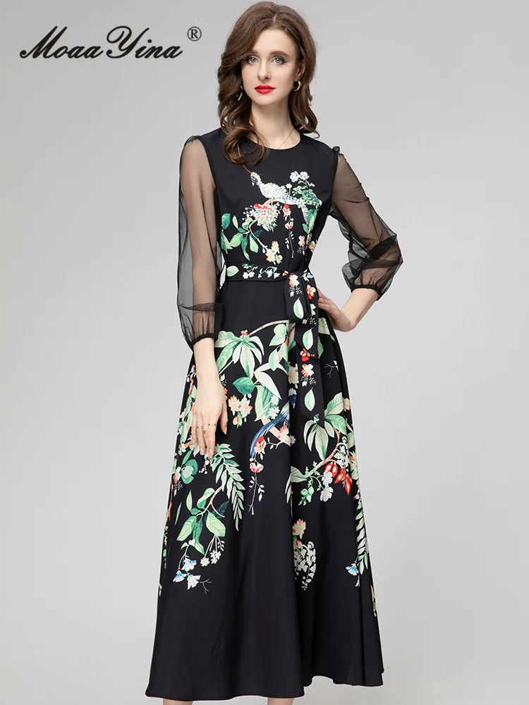 MoaaYina Spring Fashion Designer Vintage Floral Print Dress Women Lantern Sleeve Diamond Frenulum Gathered Waist Slim Long Dress