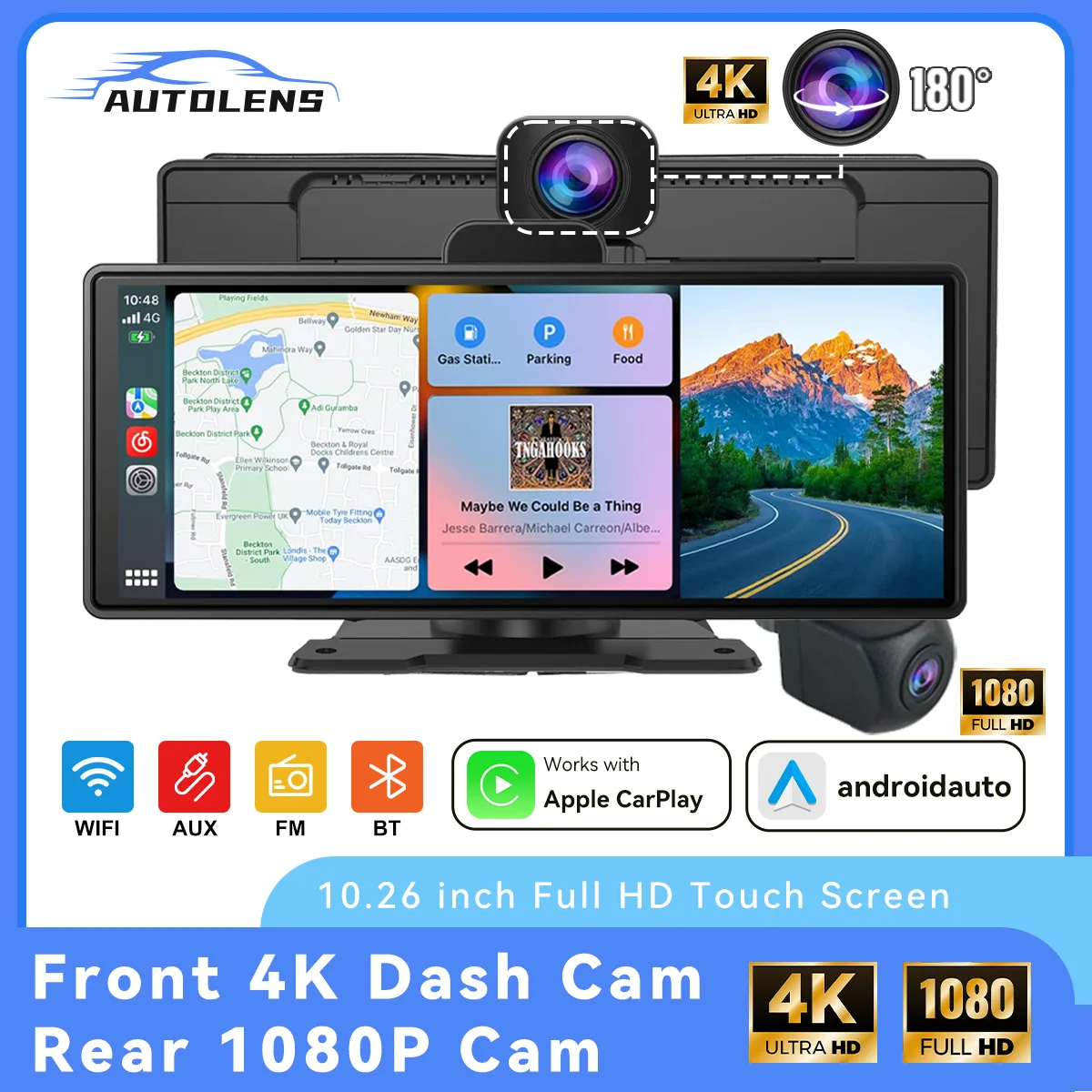 

10.26" 4K/1080P Car Touch Stereo with CarPlay & Android Auto | Front & Rear Dash Cam, Bluetooth, WiFi, FM, Siri