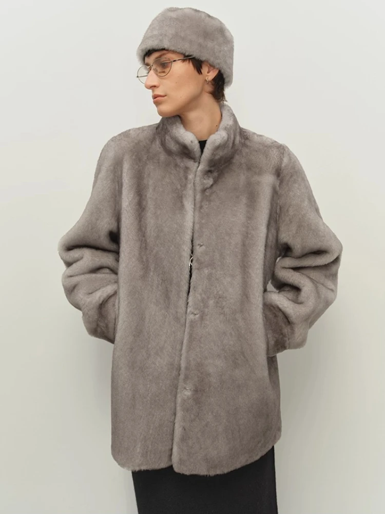 الراقية الفاخرة ميرينو الأغنام الفراء امبسوول الستر للنساء 2025 جديد بسيط الوقوف طوق الشتاء جلد طبيعي معطف الفرو الحقيقي #5