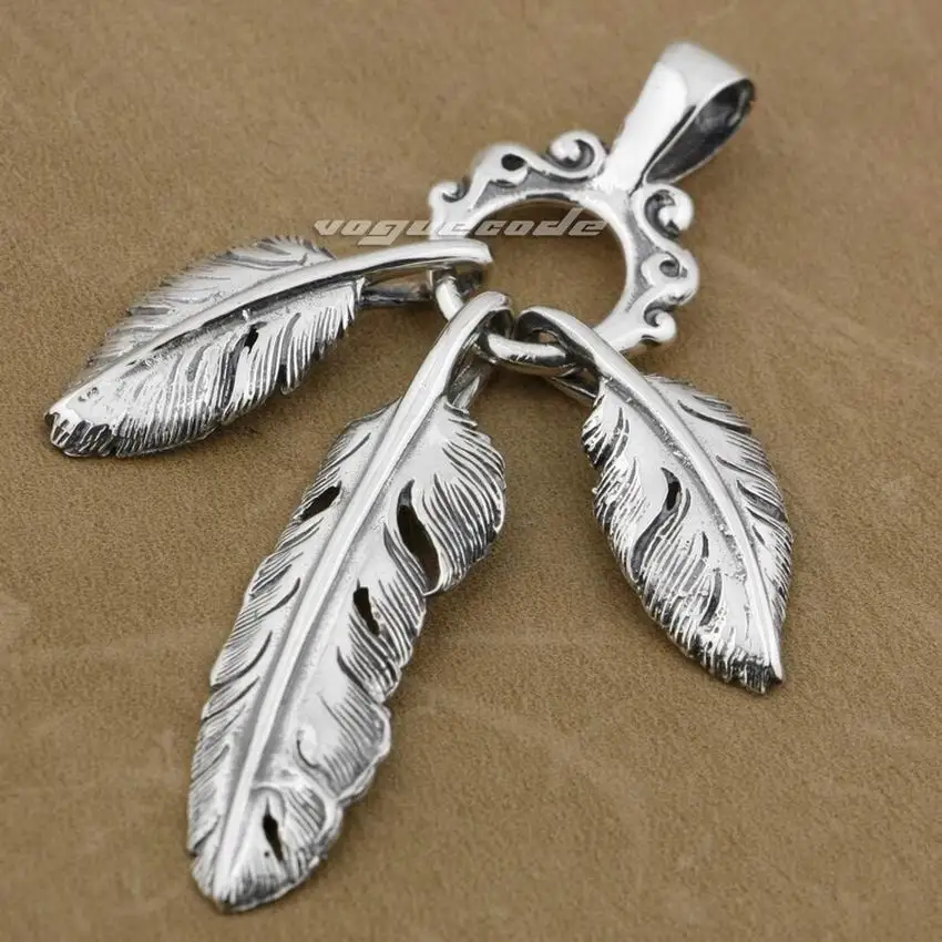 

925 Sterling Silver Three Feathers Pendant Charms Jewelry 9E014