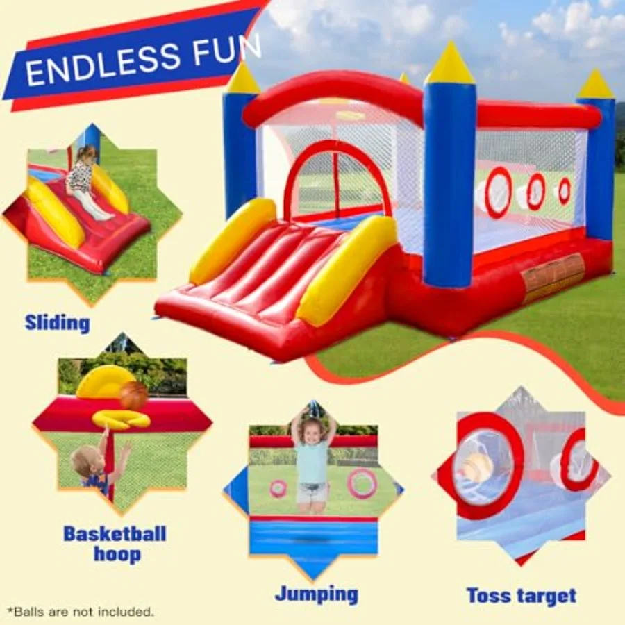 Hüpfburg aus 100 % PVC für Hochleistungs-Hüpfburg in kommerzieller Qualität mit breitem Rutsche-Sprungbereich, Basketballkorb, Fußballtor und Wurfspiel