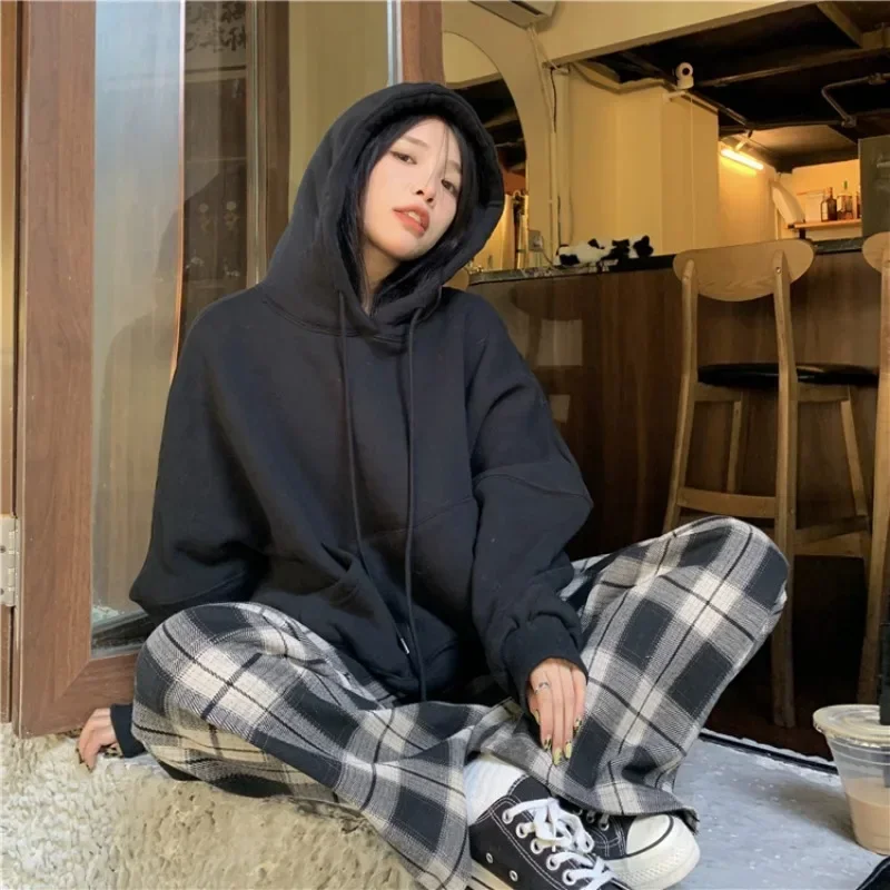 Korean Winter Women Solid Fleece Hoodies Clothing Long Sleeve Tops Loose Pocket Sweatshirt Female Casual Harajuku Pullover Y2k
