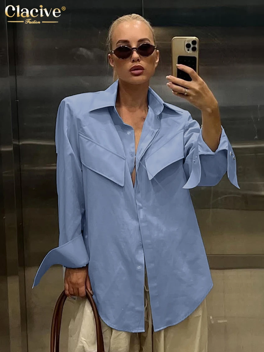 

Clacive Fashion Loose Blue Cotton Women's Shirt Autumn Lapel Long Sleeve Lady Blouse Elegant Classic Solid Top Female Clothing