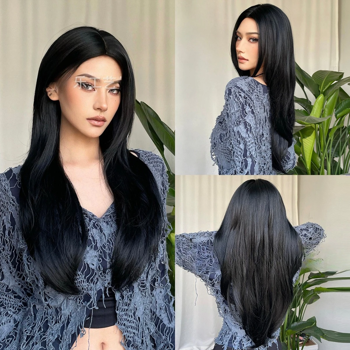 

Black natural medium length straight hair chemical fiber wig women's new European and American high temperature silk