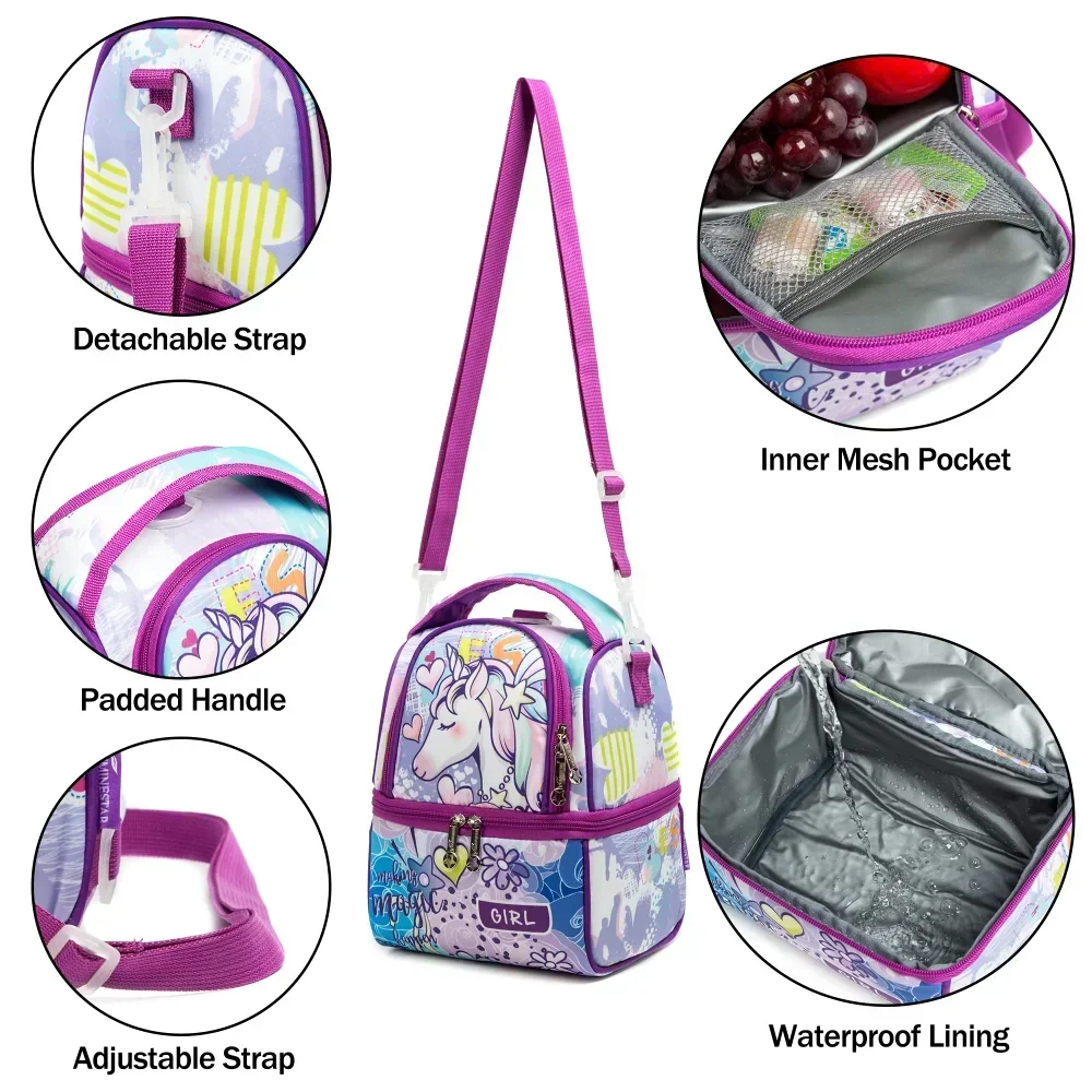 Children Lunch Bag for School Insulated Cooler Bag with Two Compartments High Capacity Lunchbox Waterproof Picnic Tote Bag