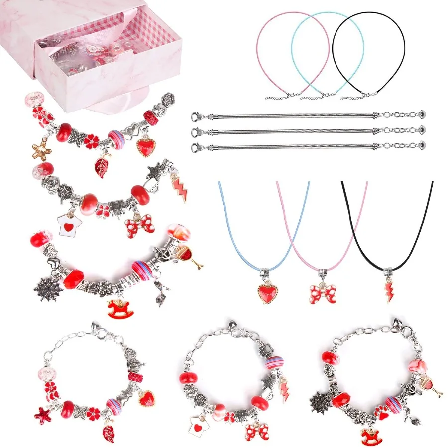 66Pcs Charm Bracelet Making Kit ' Jewelry Necklace Making Kits Colorful DIY Charm Beads Pendant Set Jewelry Dr Supplies with Gi