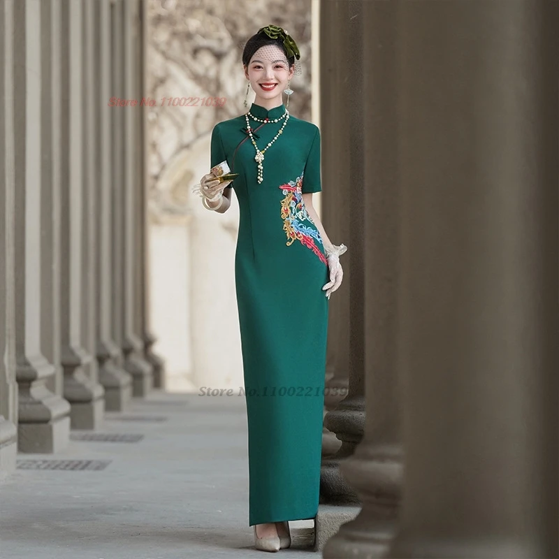 

2025 chinese vintage dress improved qipao national flower embroidery cheongsam stage performance banquet evening dress qipao