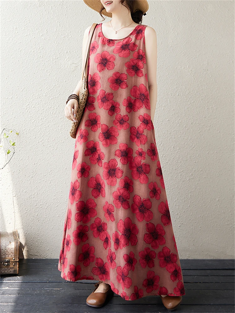 Cotton Vintage Sleeveless Dresses For Women 2024 New Summer Casual Loose Long Print Dress Femme Robe Vestidos Elegant Clothing