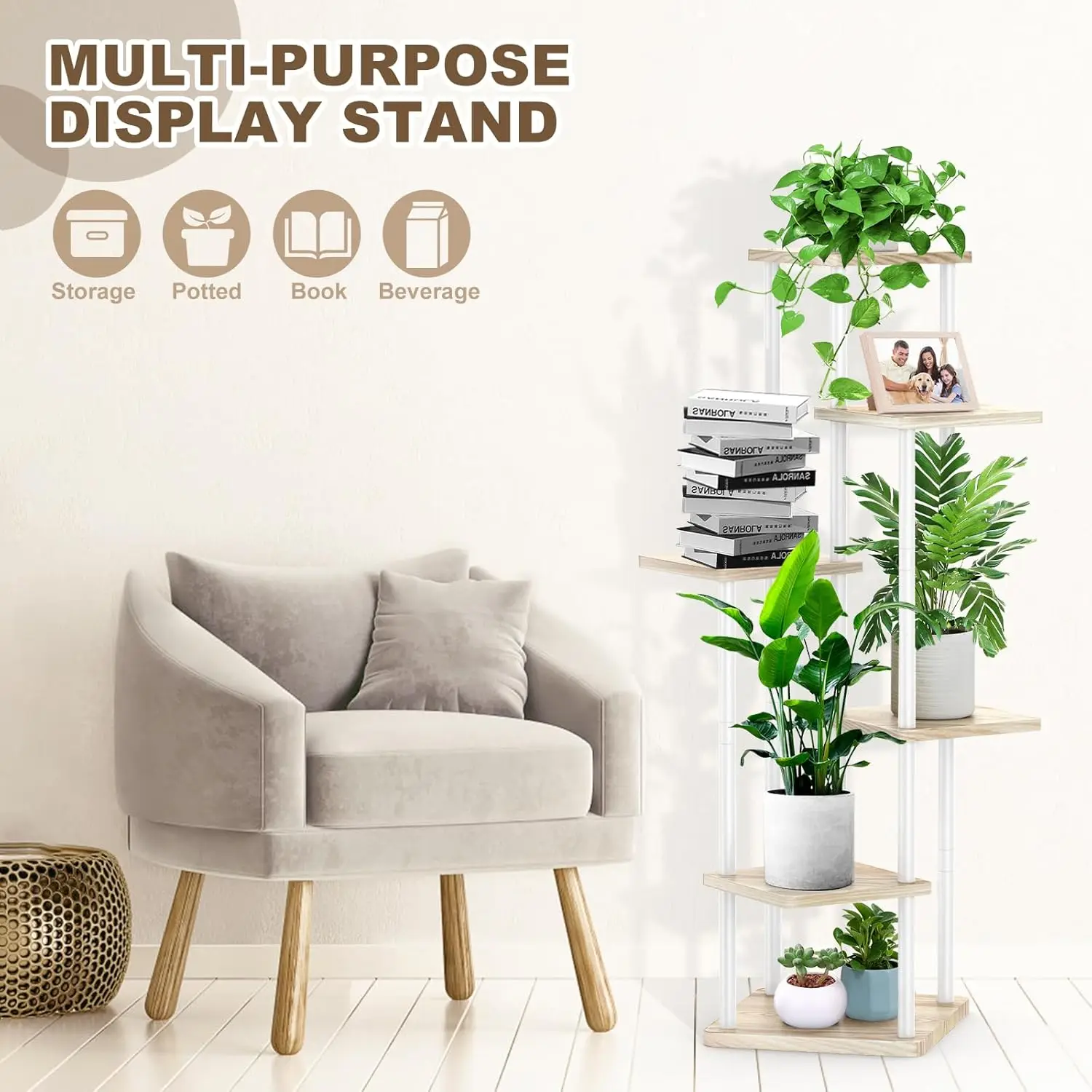 6 Tier Wood Tall Plant Stand Metal Rack Indoor, Multiple Flower Pot Holder Shelves Corner Rack, Planter Shelf Display Rack Stora