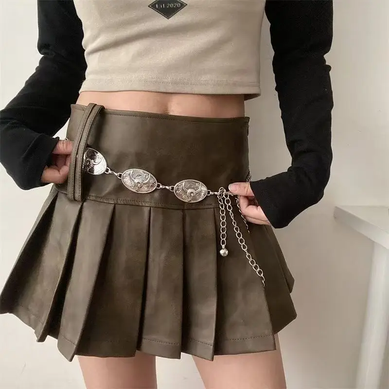 ​ ​ Vintage-Kleid, Bullhead-Taillenkette, Metallakzente, Pullovergürtel, dekorative Kette, mehrlagiger Look ​