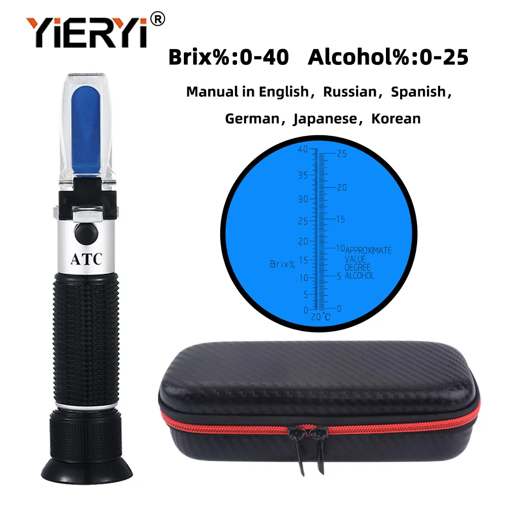 Yieryi Portable 2 In 1 0~40% Brix 0~25% Alcohol Wine Refractometer Handheld Sugar Concentration Meter ATC