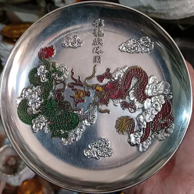 Early Antique Collection Daqing Kangxi Year White Copper Gilding Colorful Dragon Playing Beads Plate Ornament Decoration One Pie