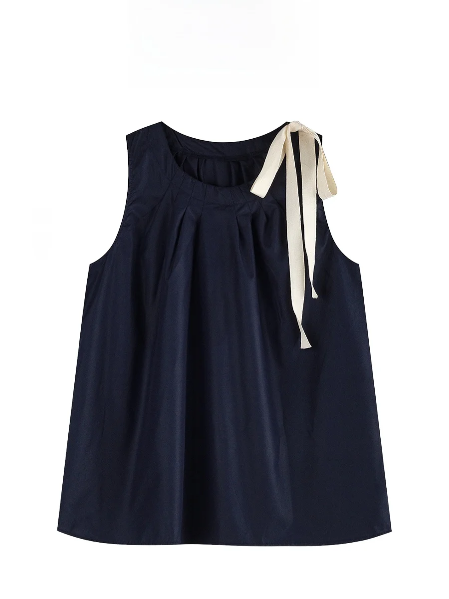 

Niny JIA Summer New round Ne Svel Versatile Fre Sle Outer irt Loose Belted Vest Small irt Women's Silk Top