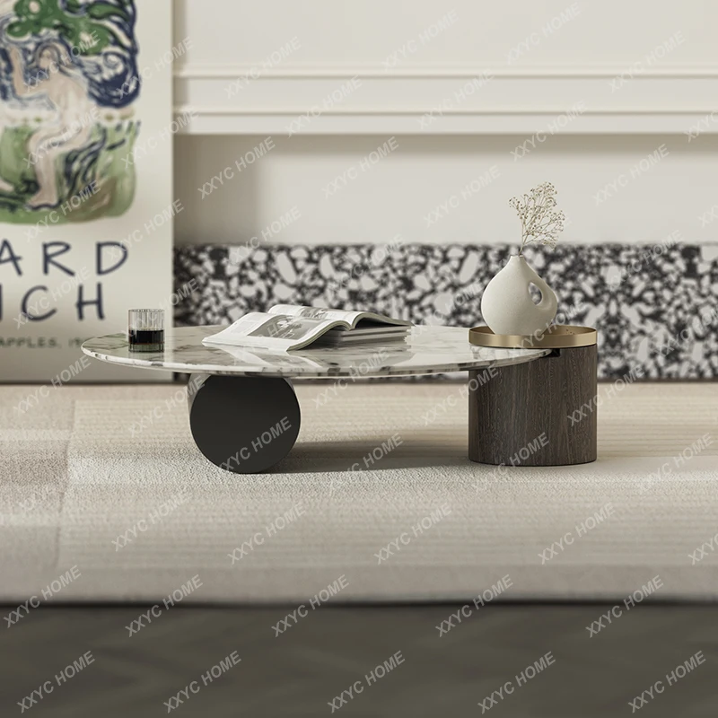 

WWModern Simple Light Luxury Natural Marble Coffee Table Living Room Small Apartment Household Round Tea Table