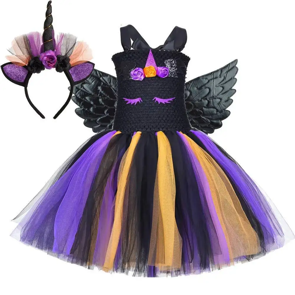 Halloween Unicorn Witch Costumes for Girls Black Dark Angel Disguise Dresses with Wings Horn Children Carnival Party Tutu Outfit