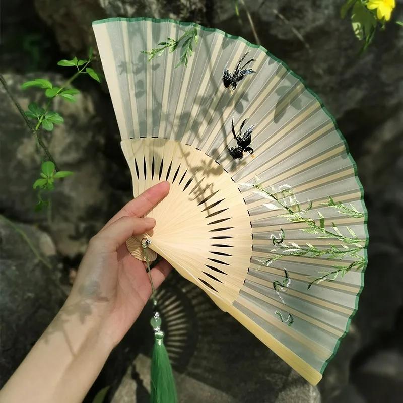 Double Sided Embroidered Folding Fan Chinese Style Classical Elegant Design Traditional Hand Fan Decor Photo Prop Gift for Women