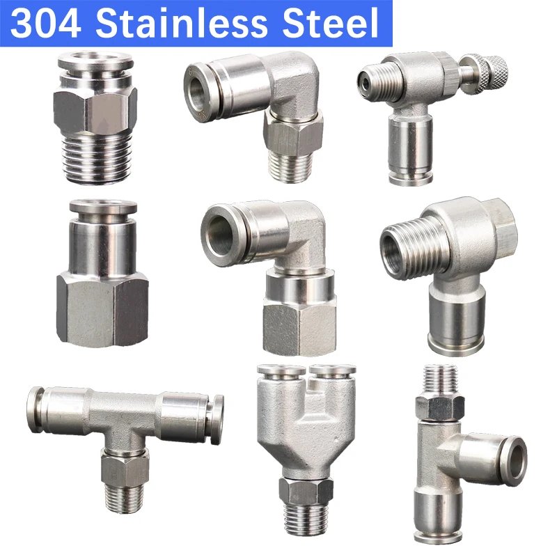 304 Stainless Steel Pneumatic Hose Fitting PC PCF PL PLF PB Air Tube Connector 1/8 1/4 3/8 1/2 BSP Quick Release Pipe Fittings