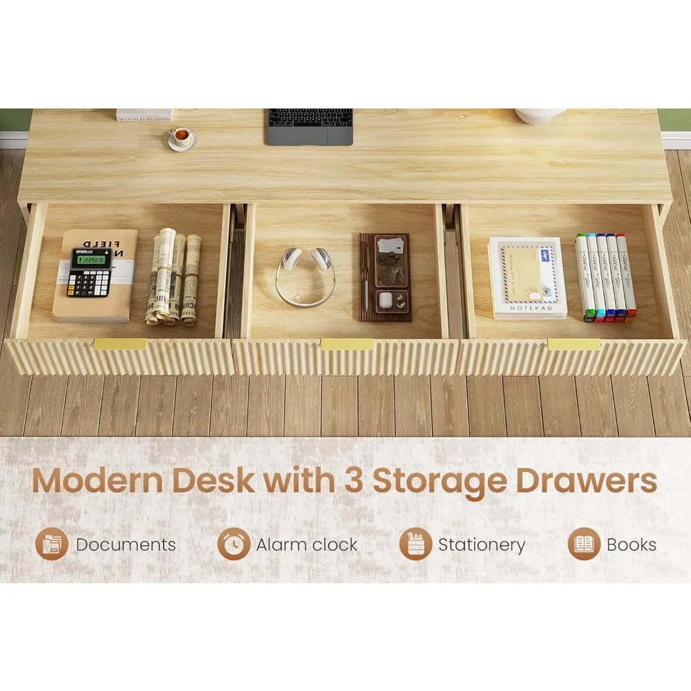 55" Executive Office Desk with 3 Drawers, Home Office Desk with Storage Drawers, Computer Writing Desk Study Table