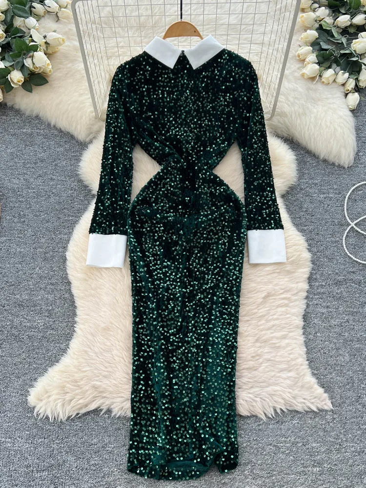 Ele High-End Women's Long Sve Dr with Stand Collar Slimming iny Sequins Bodycon Skirt Polyester Fiber High Waist