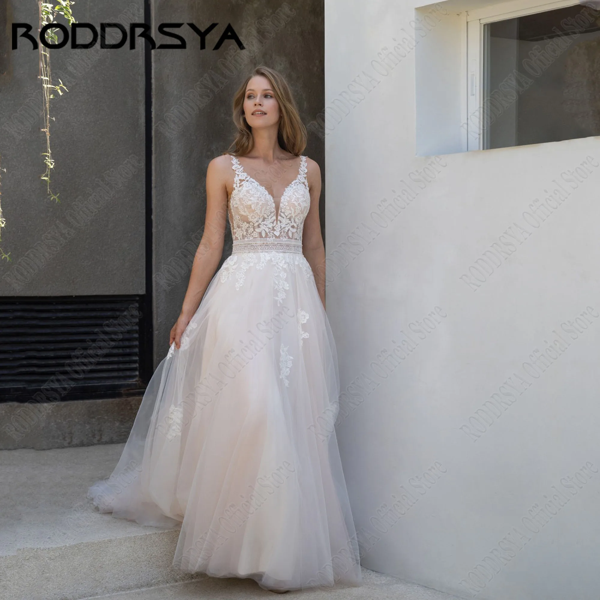 RODDRSYA-vestido de novia de encaje sin mangas, traje de novia con espalda descubierta, línea A, elegante, tul con cuello en VVestido de novia sin mangas de encaje roddrsya vestido de novia en forma de a vestido de nov