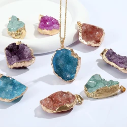 Natural Crystal Agate Geode Pendant Gemstone Dyeing Colorful Cluster Golden Edge Irregular Stones Charms DIY Jewelry Making Gift
