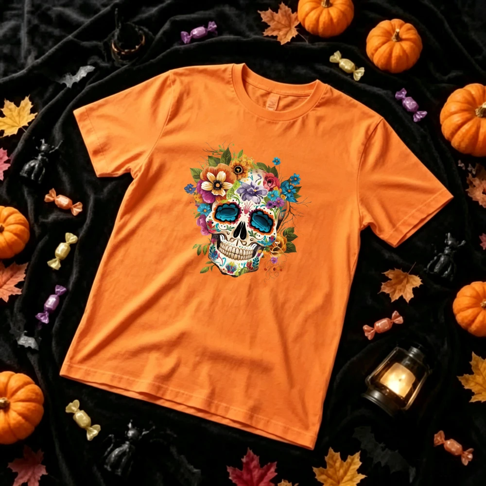 Colorful Sugar Skull Floral T‑Shirt Mexican Day of The Dead Art Vibrant Rose Flower Ornate Painted Skull Boho Halloween Festival