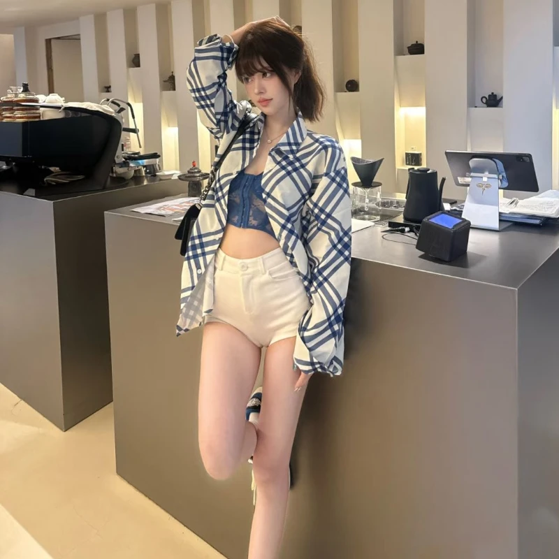 

Deeptown Elegant Blue White Plaid Women Shirts Long Sleeve Korean Fashion Loose Blouses Basic Casual Sun Protection Youthful New