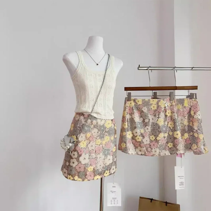 Fashion Temperament Shinny Flower Sequin Summer Skirts Y2k Aesthetic Small Fragrance All Match Jupe Heavy Preppy Women Skirt