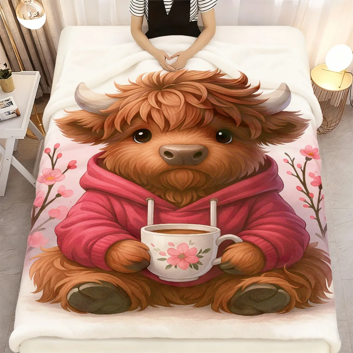 1pc Cozy Highland Cow Print Flannel Blanket - Soft, Warm, and Adorable with Pink Hoodie and Floral Accents, Perfect Gift for Fri