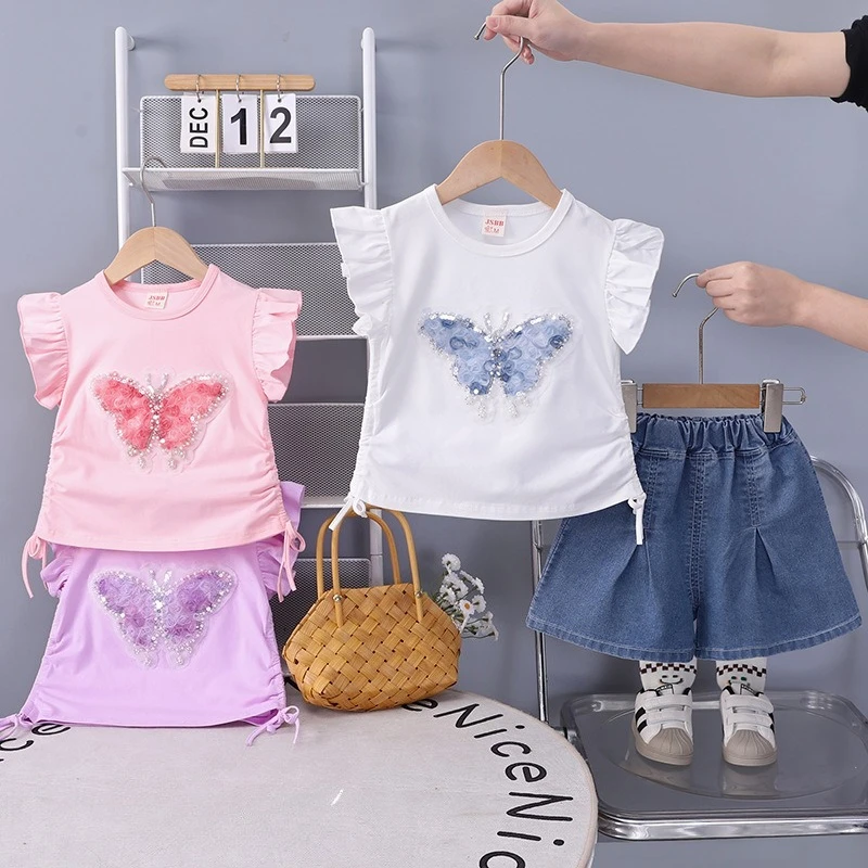 Summer Girls' Clothing Set 2026 New Cute Sweet Short Sleeve Lace Beaded Butterfly Top and Shorts Set
