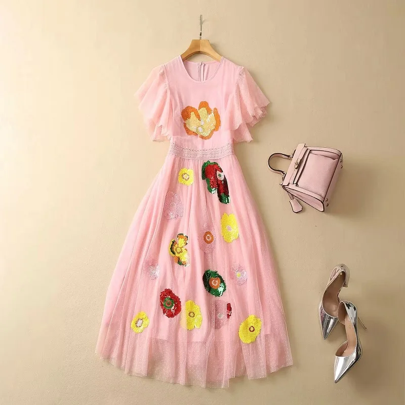 

Novia Party 2023 Spring Summer Dress High Quality Women Sequined Flower Embroidery Short Sleeve Slim Fit Flare Dress Pink Black