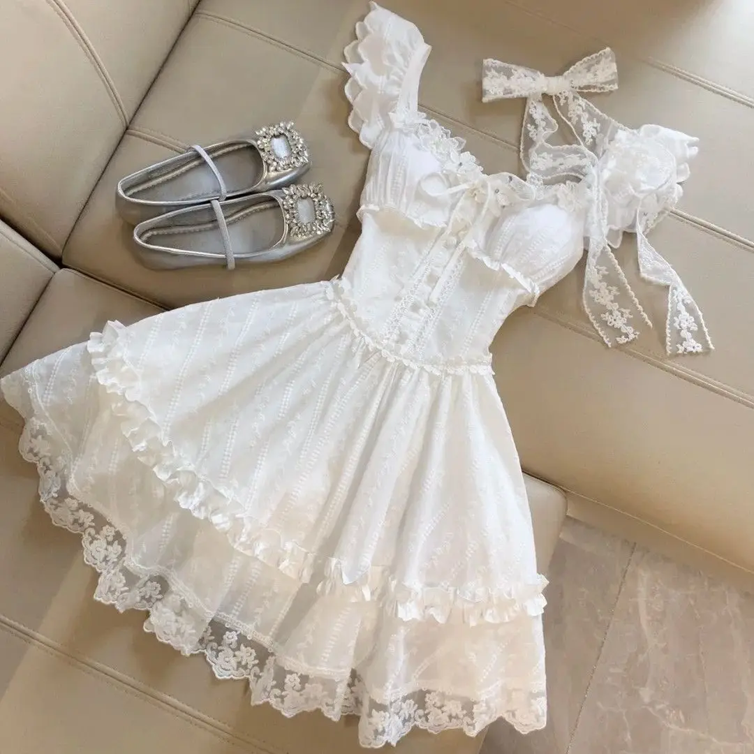Fairycore Sweet Lolita Mini Dress Women Lace Trim Bowknot Puff Sleeve Ruffle Tiered Skirt High Waist Princess Cute Daily Wear