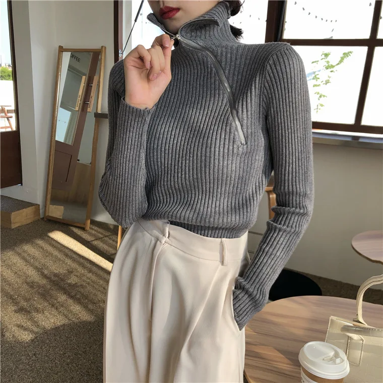 Women Winter Long Sleeve Slim Chic Sweaters Autumn Stretched Casual Turtleneck Female Fashion Pullover Zippers Knitted Jumpers