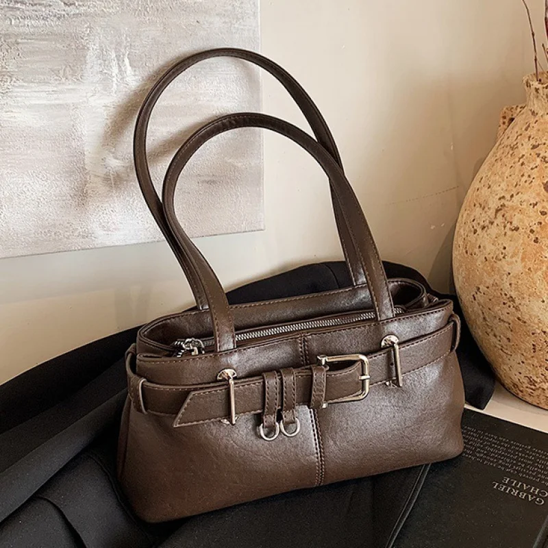 

Y2K Belt Design Shoulder Bags For Women 2025 New Luxury Designer Pureses And Handbags Solid Color Large Capacity Shopper Bags