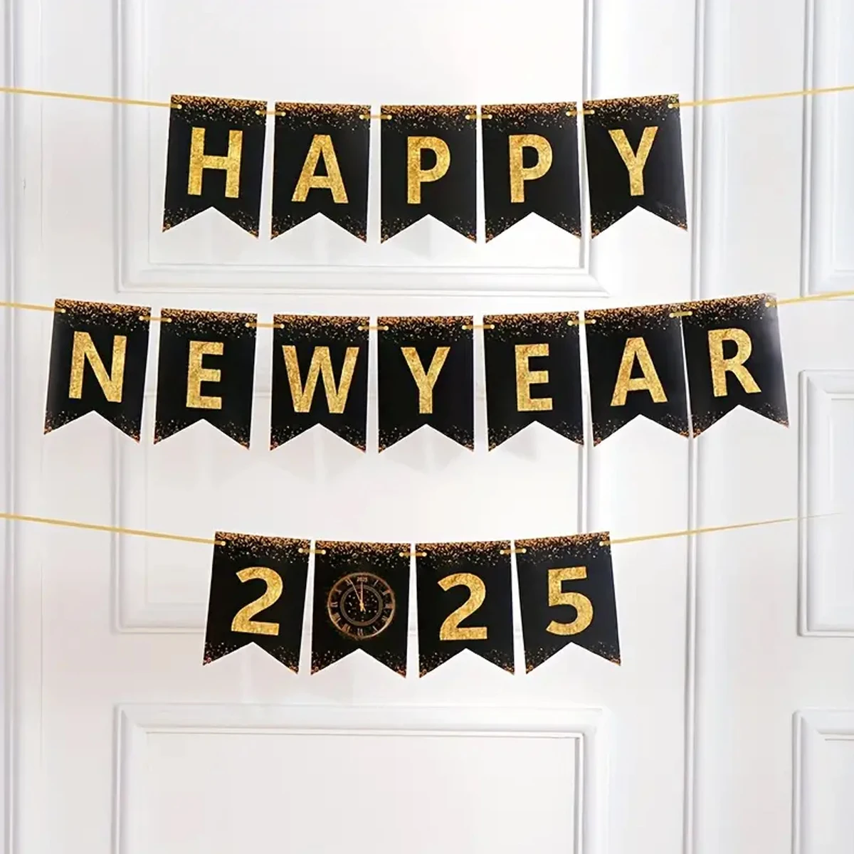 1 set Happy New Year 2025 Banner Garland Decoration Kit Glitter Paper Lettering with Clock Design Festive Party Celebrations